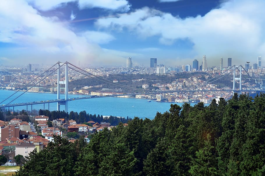 River Flowing through Istanbul, Turkey cityscape, clouds, photos