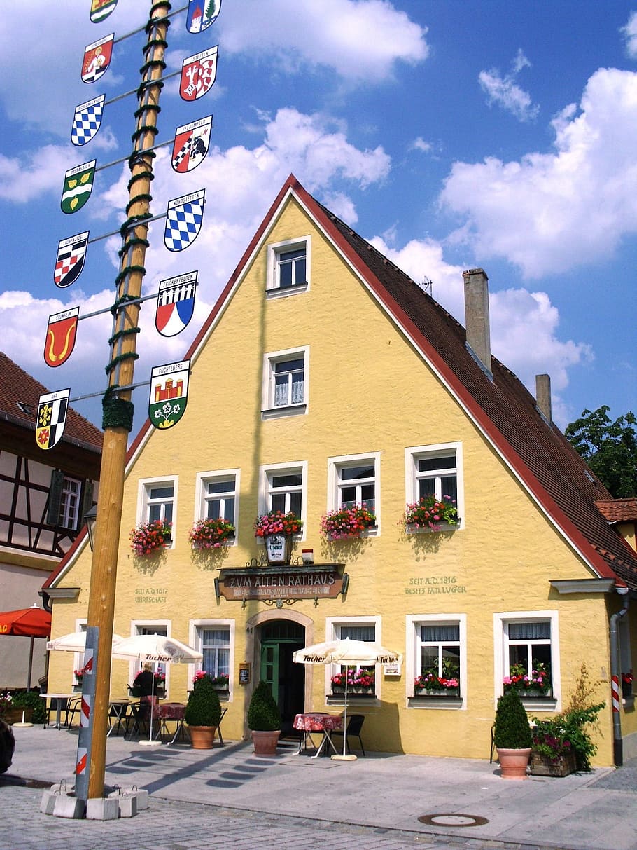 Bavaria, Germany, Building, Clouds, sky, architecture, flowers HD wallpaper