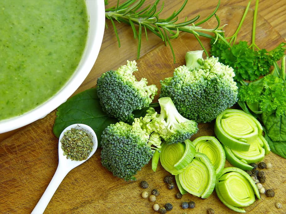 green broccoli on brown wooden table, soup, vegetables, leek