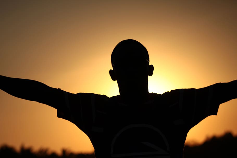 sunset, silhouette, mood, sky, orange color, nature, one person HD wallpaper