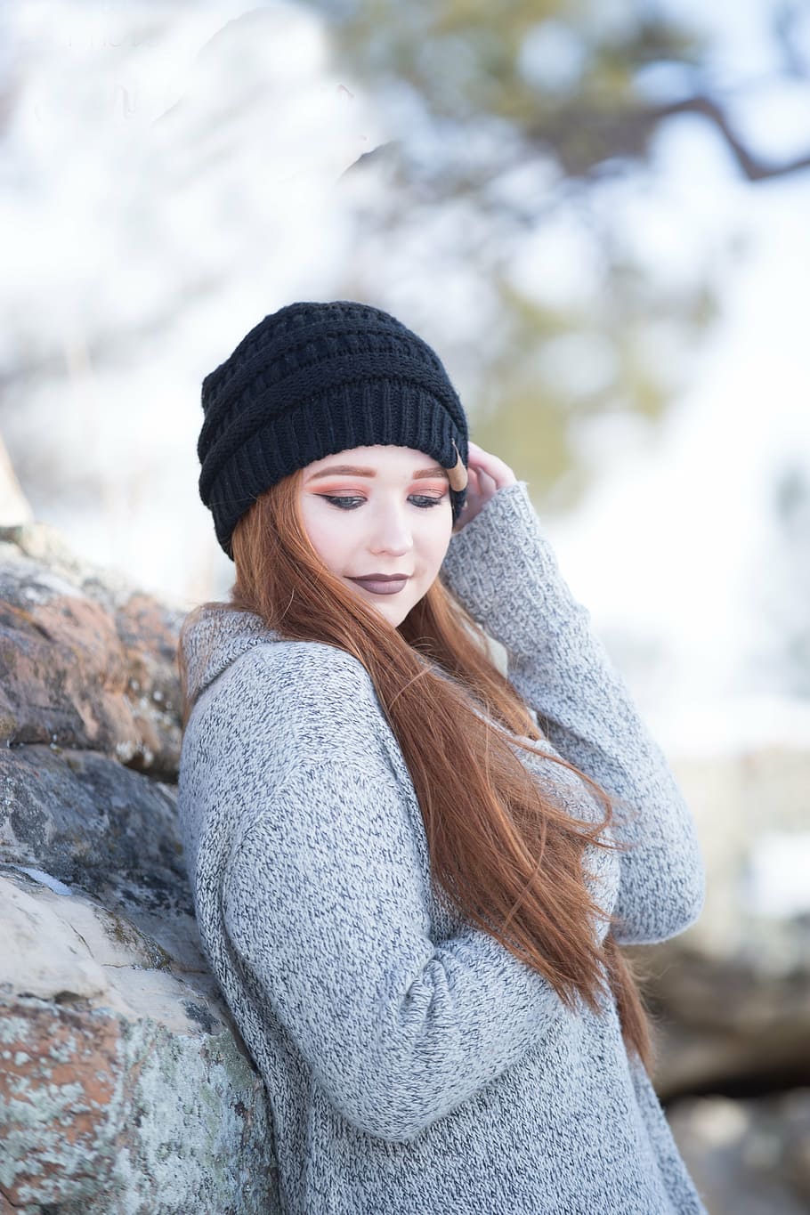 HD wallpaper woman wearing gray sweater with black knit cap in