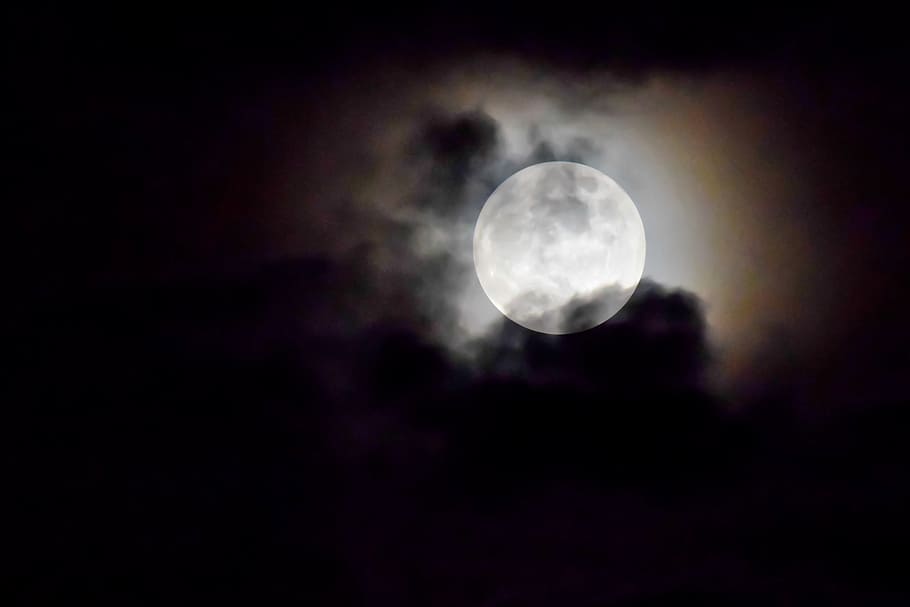 full moon, moonlight, sky, clouds, night, dark, nature, space, HD wallpaper