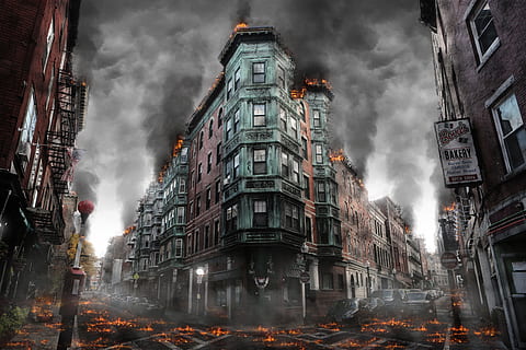 destroyed buildings background