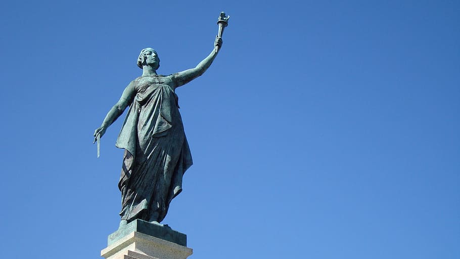 statue, athena, liberty, monument, torch, sword, laurel leaf, HD wallpaper