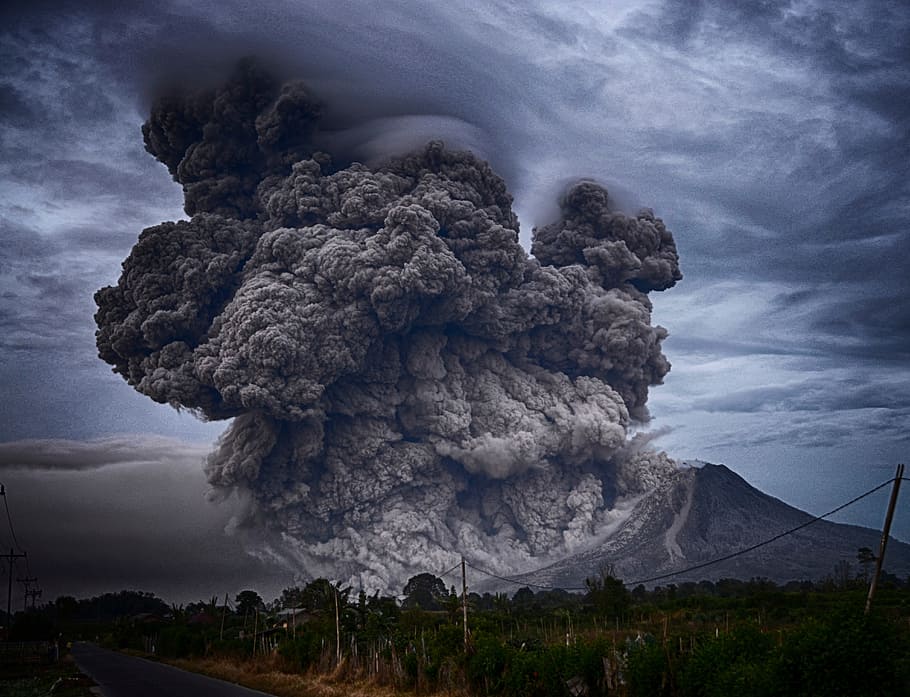 volcano eruption photo, explosion, nature, smoke, trees, grass HD wallpaper