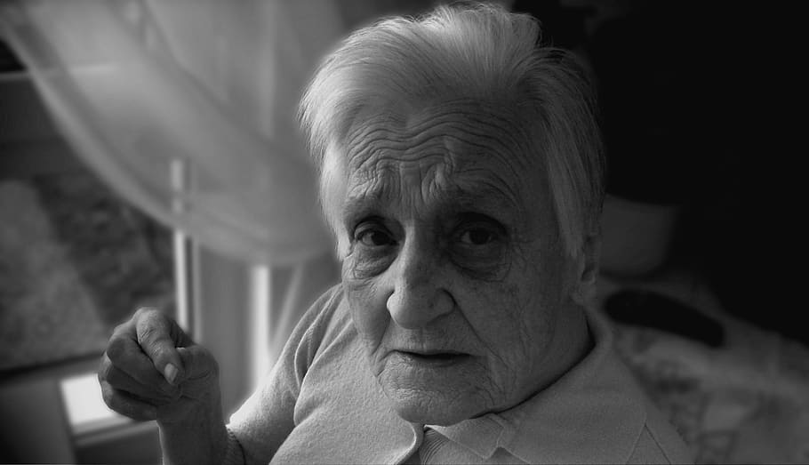 grayscale photo of man in white polo shirt, dependent, dementia