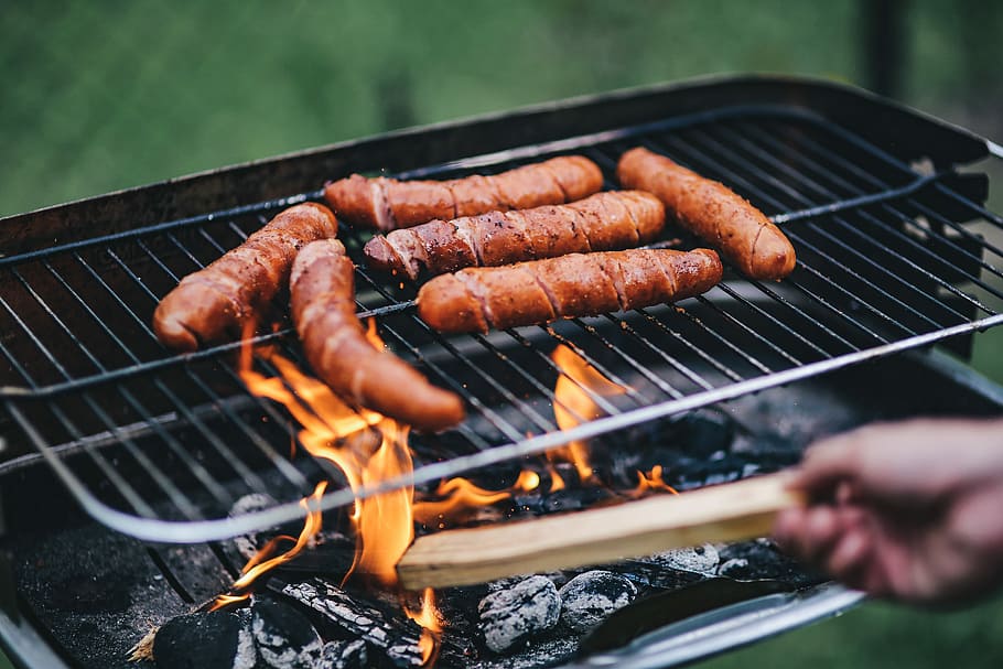 Pork and sausage on the grill, summer, outdoor, kielbasa, sausages