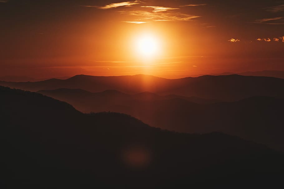 view of silhouette mountain during sunset, silhouette photo hills during golden hour HD wallpaper
