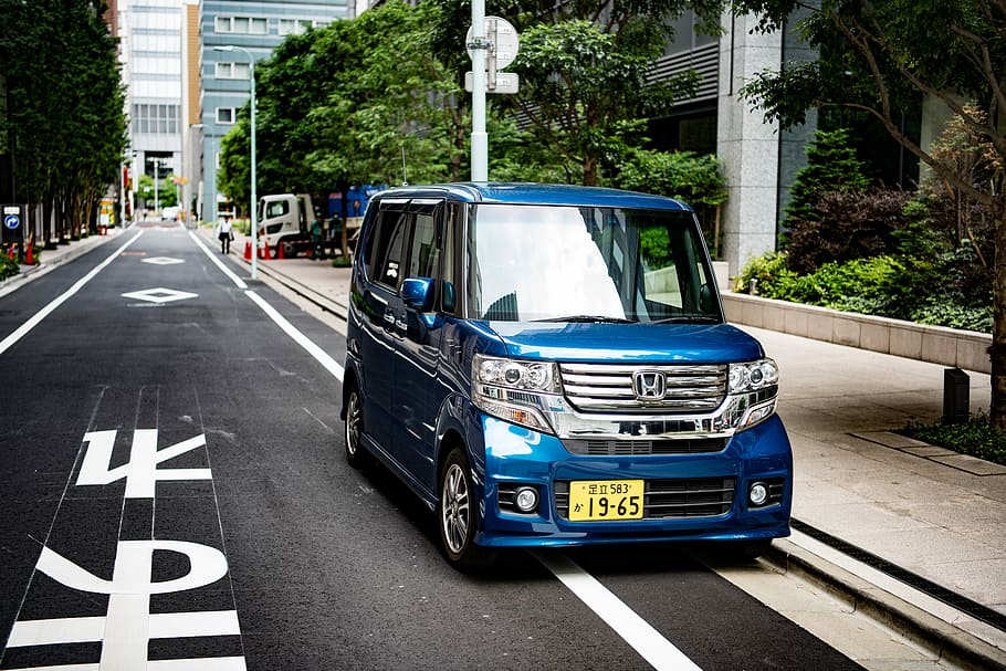 Honda van, blue Honda van parked at the road beside pathway, tokyo, HD wallpaper