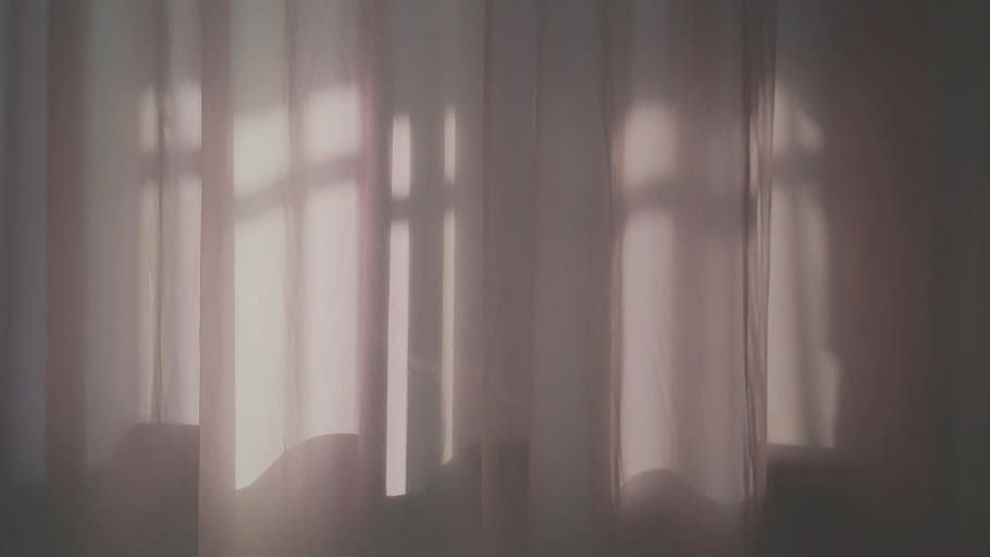 white window curtain struck by light, shadow, building, wall HD wallpaper