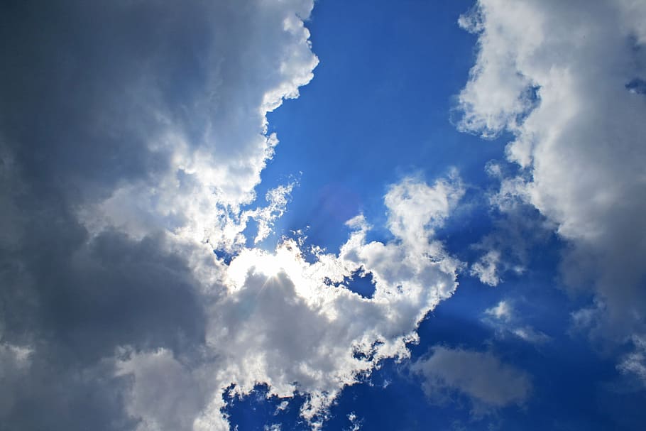 sky, blue, bright, clouds, white, edged, outlined, light, backlit HD wallpaper