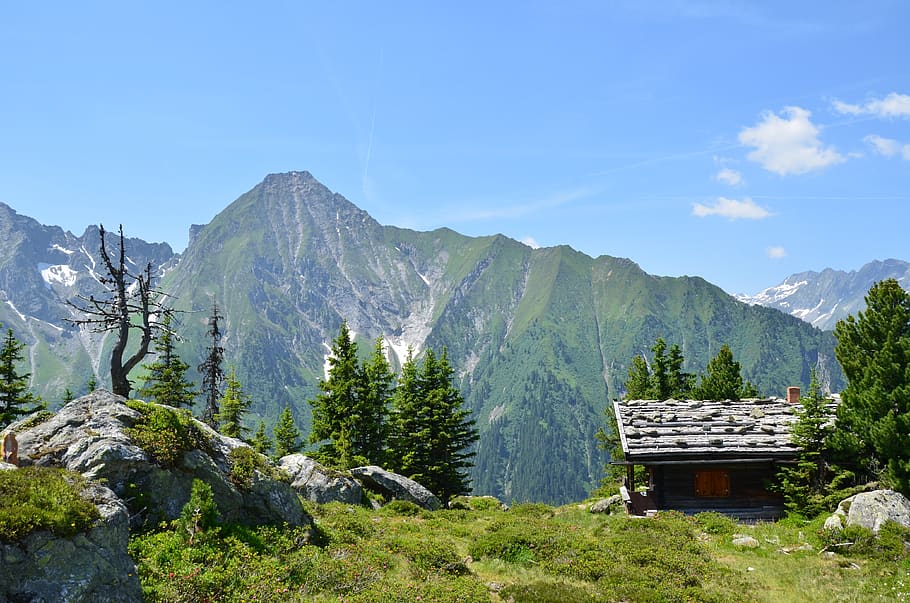 alpine, austria, mountains, vacations, alpine hut, nature, tyrol, HD wallpaper