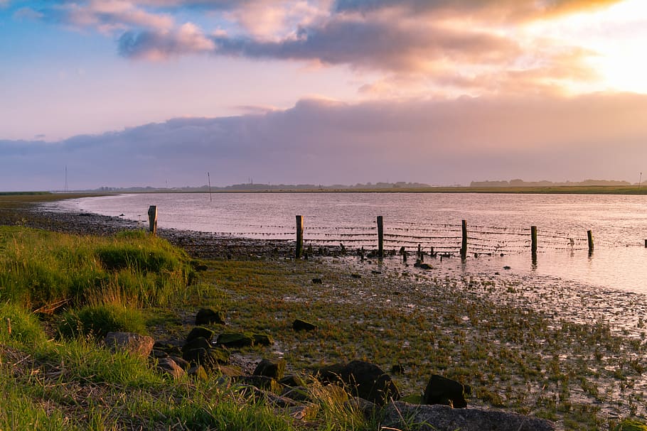 sunset, eider, water, north sea, abendstimmung, nordfriesland HD wallpaper