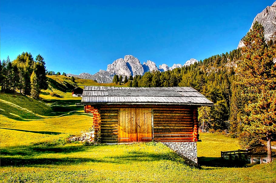 hut, dolomites, south tyrol, italy, mountains, alm, alpine, HD wallpaper