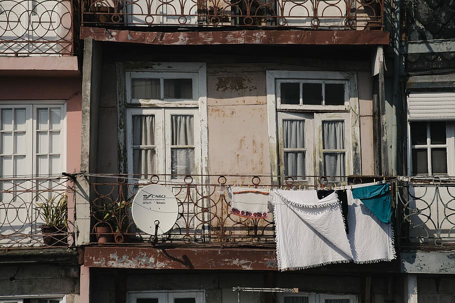 closed window and door on terrace, white satellite dish mounted on the wall HD wallpaper