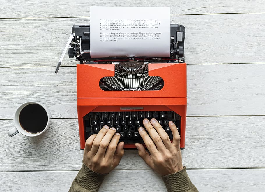 person using typewriter, paper, equipment, aerial, analog, analogue