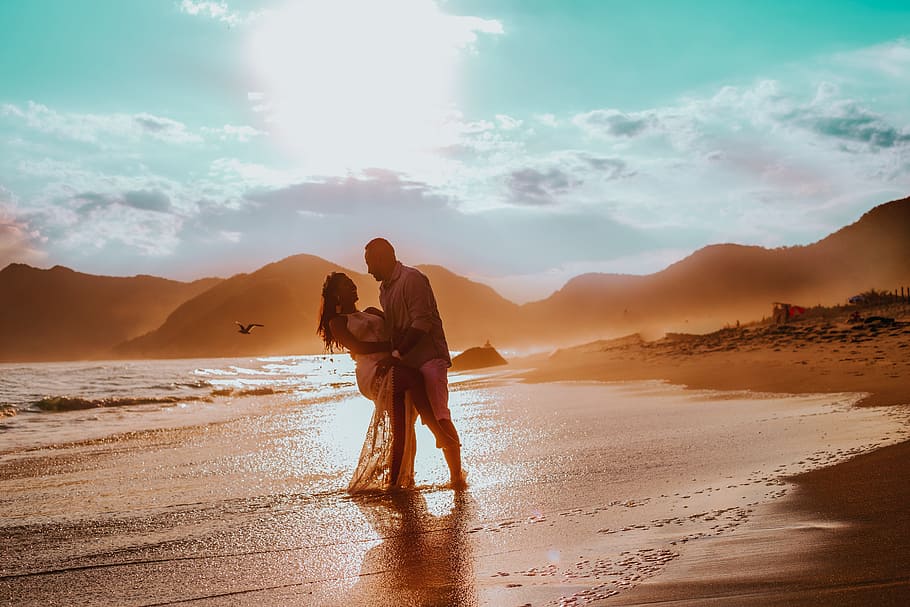 man and woman dancing beside seashore, ocean, water, wave, nature HD wallpaper
