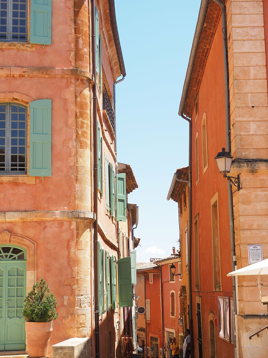 two orange houses under blue sky, roussillon, community, village, HD wallpaper