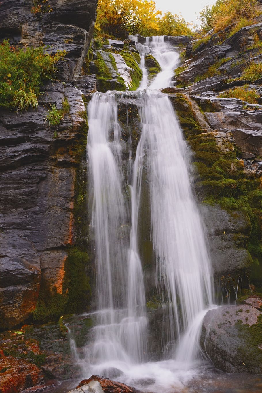 Waterfall, Moss, Mountain, Stream, nature, rock, creek, wet HD wallpaper