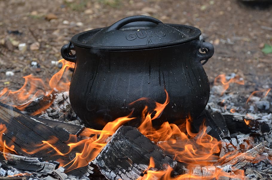 black Guro calderon on top of fire during daytime, pot, fire - Natural Phenomenon HD wallpaper
