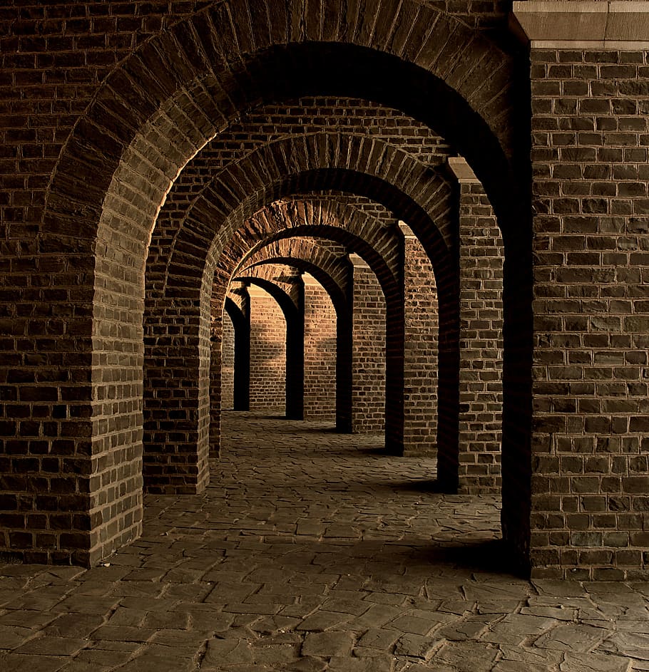 arches, architecture, bricks, building, corridor, hallway, built structure HD wallpaper