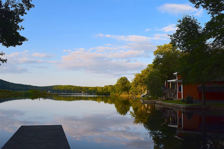 lake, sunset, dock, shore, trees, sky, house, water, landscape HD wallpaper