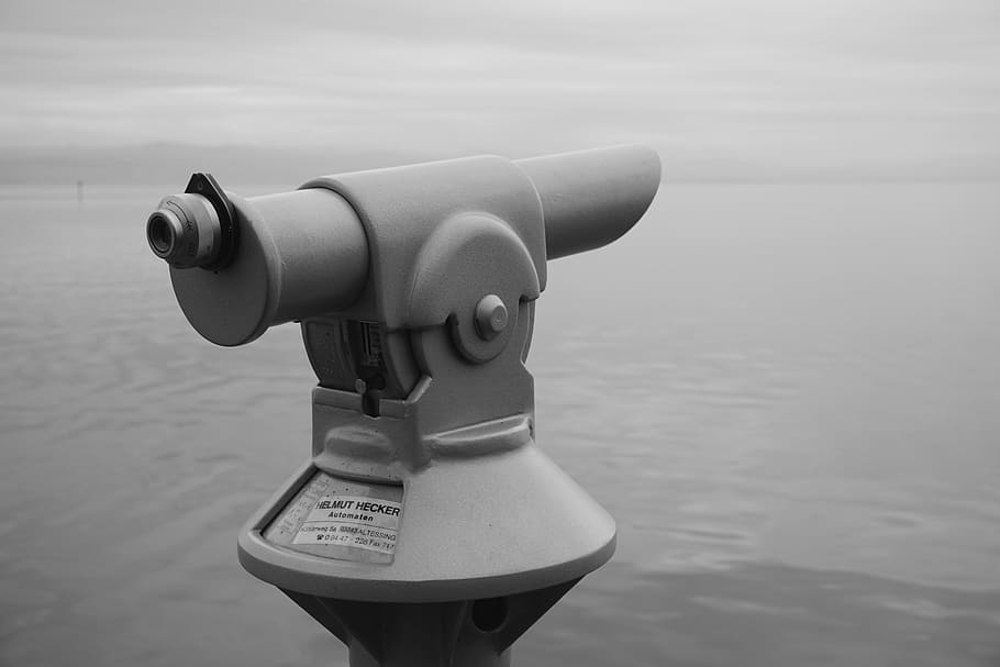 telescope, espionage, spy, see, watch, overview, lake, black and white, HD wallpaper