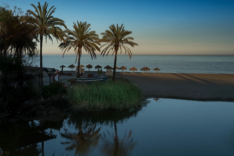 Sunset, Marbella, River, Beach, Sky, blue, horizon, calm, serenity HD wallpaper