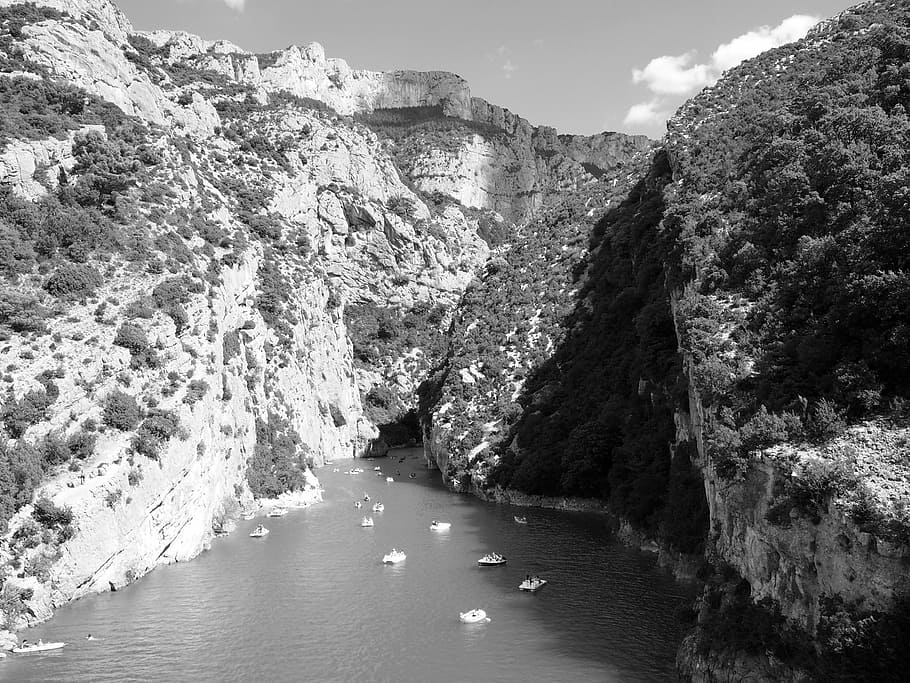 canyon, canoe, black white, river, mountains, water, rock, nature, HD wallpaper