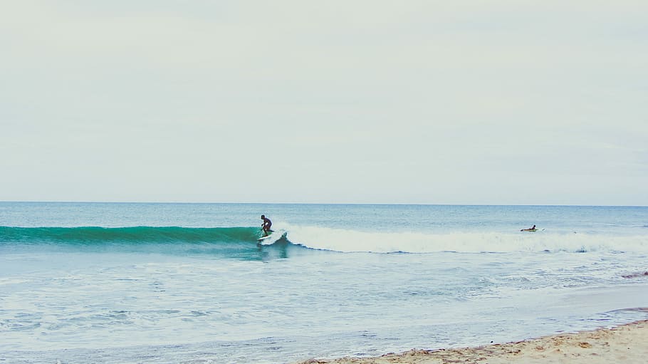 person riding white surfboard on beach, sea, nature, wave, water HD wallpaper
