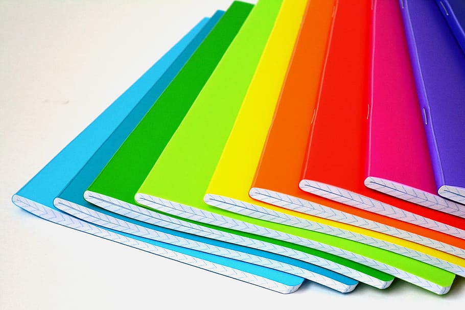 assorted-color notebooks, colored, rainbow, saturated, the colour of the, HD wallpaper