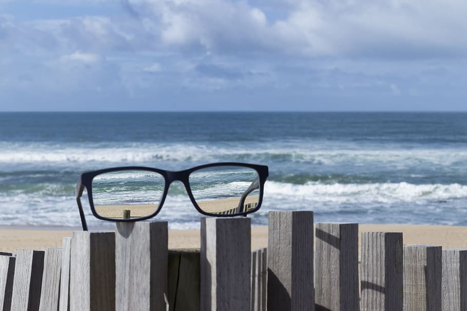 Glasses, Eyeglasses, Beach, mar, beira mar, seascape, horizon over water HD wallpaper
