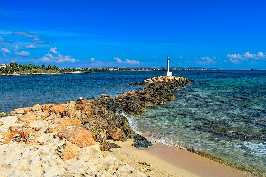 beach, coast, sea, beacon, landscape, potamos liopetri, cyprus HD wallpaper