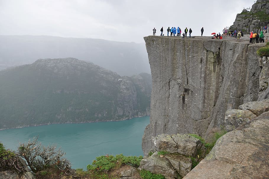 preikestolen, norway, rock, view, fjord, lysefjord, steep, abyss, HD wallpaper
