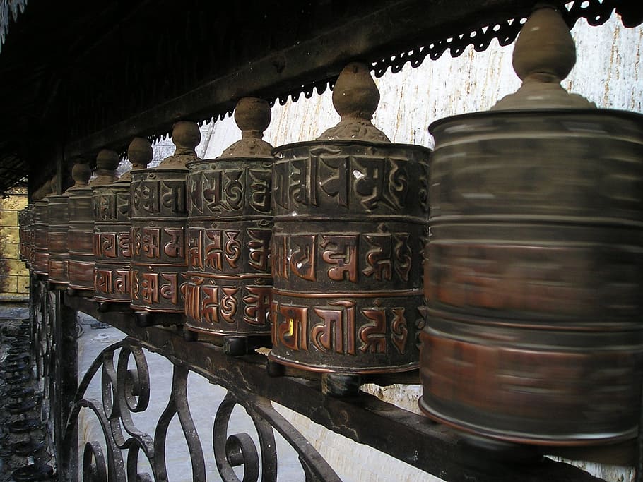 brown jar with lid lot, prayer wheels, buddhism, nepal, prayers HD wallpaper