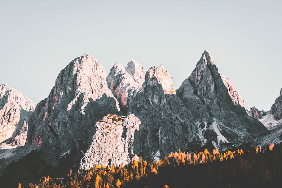 snow capped mountain near forest, photo of a gray mountain, mountain range HD wallpaper