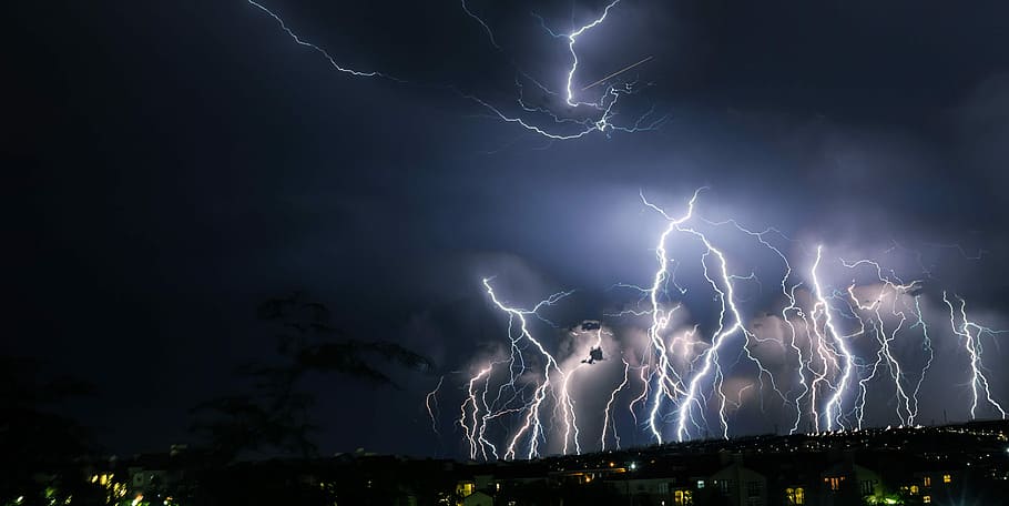 lightnings during nighttime, photography of thunder strike, cloud, HD wallpaper
