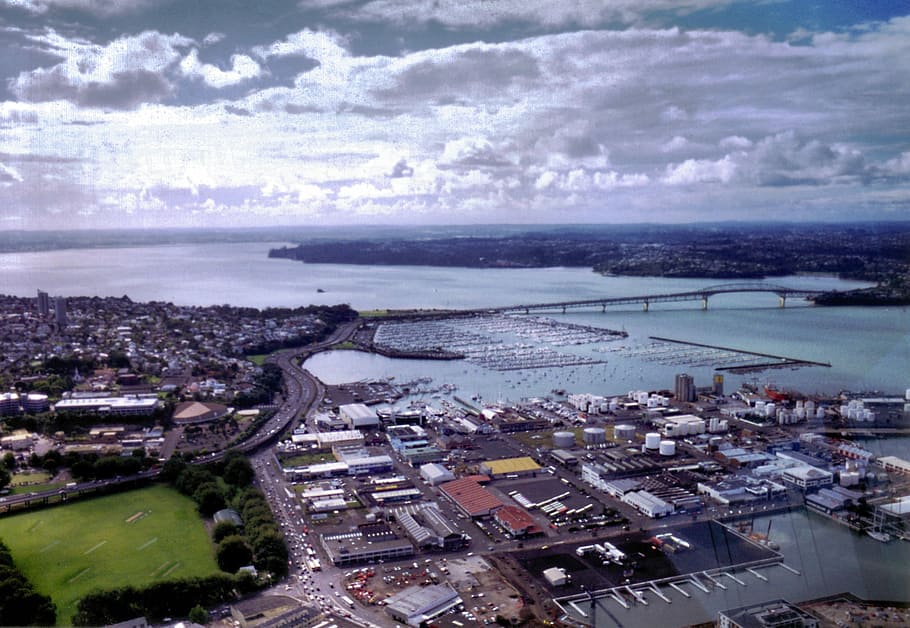 Auckland Harbour Landscape in New Zealand with clouds and sky