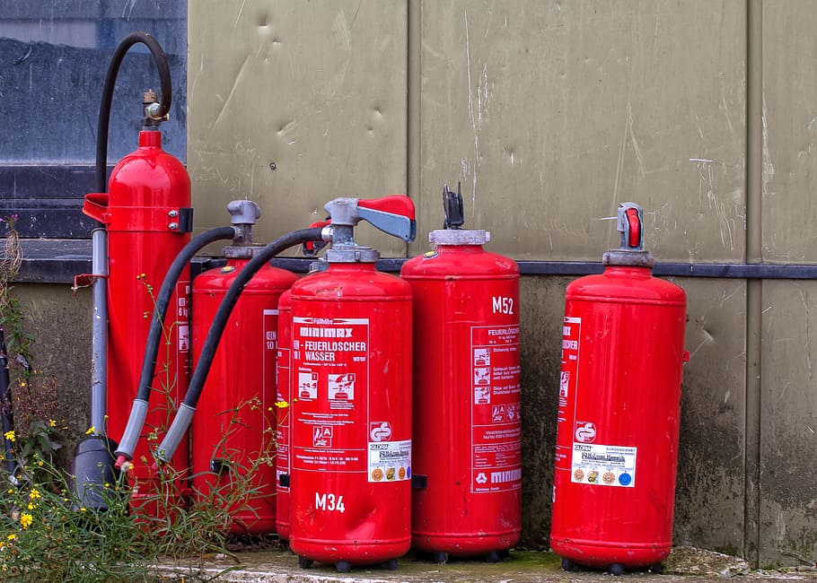 five red oxygen tanks, Fire Extinguisher, Brand, fire fighting, HD wallpaper