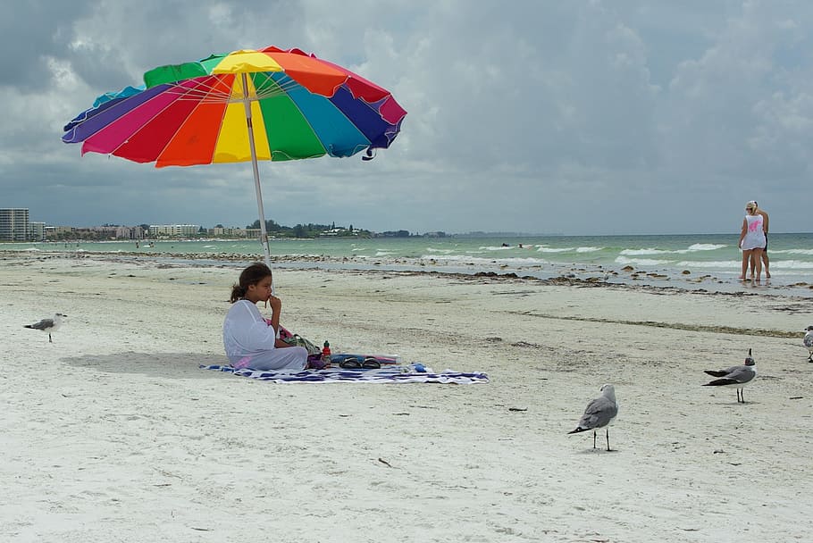 Sea, Beach, Beach Umbrella, sand, kite - toy, multi colored HD wallpaper