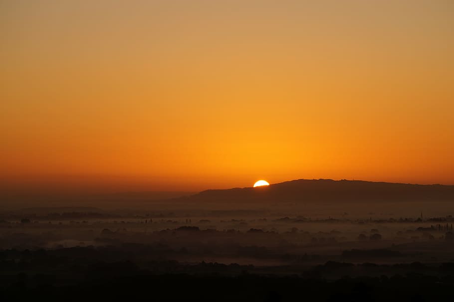 sunrise, morning, mist, hills, orange, sky, tones, outdoors