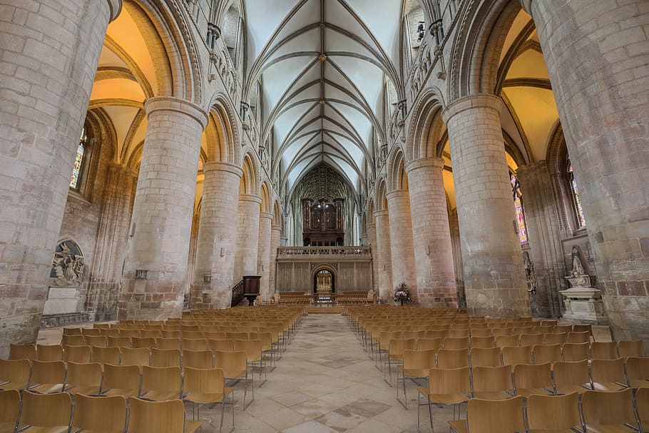 cathedral interior, brown, chairs, arrange, inside, church HD wallpaper