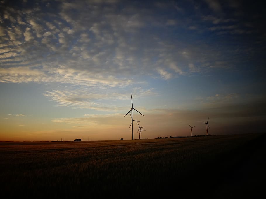 clouds, sunset, wind power, wind turbine, current, power generation HD wallpaper