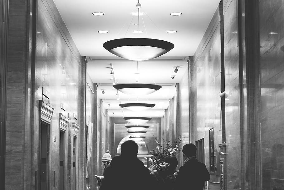 grayscale photograph of hallway, Hotel, Elevators, Lights, People HD wallpaper