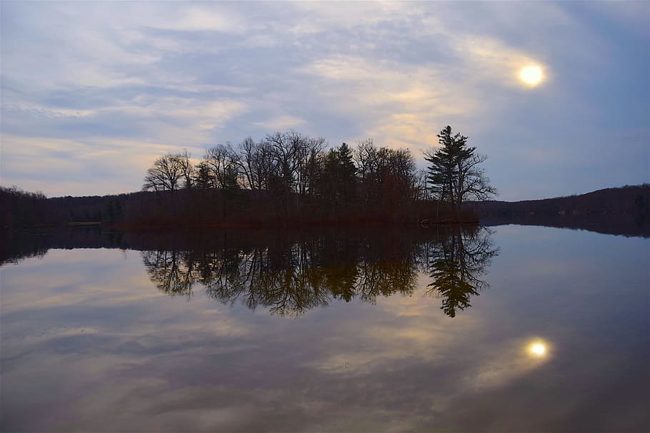 lake, trees, sun, reflection, landscape, nature, water, forest HD wallpaper