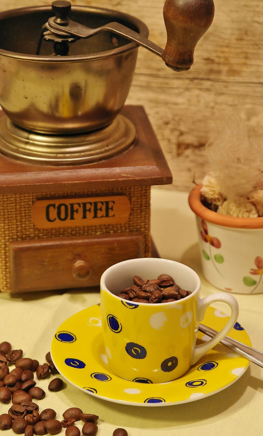 white and yellow ceramic mug with saucer, coffee, drink, espresso HD wallpaper