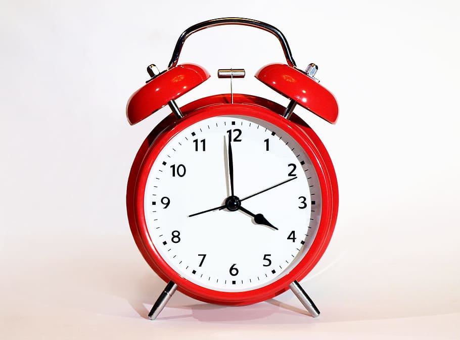red alarm clock displaying 4:00 tie, deadline, minute, bell, time