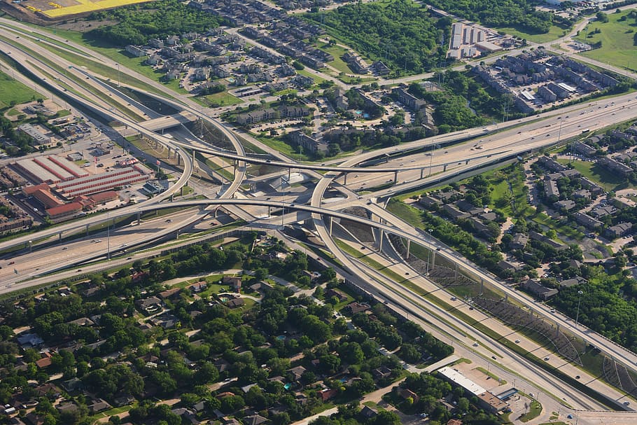 aerial view of expressway, bird's eye view photo of city, highway
