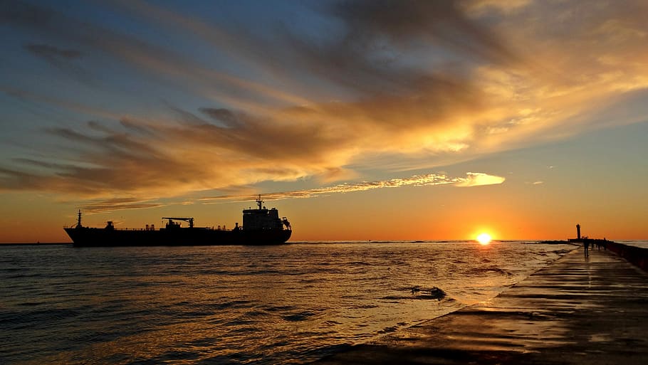 Breakwater, Sunset, Riga, Latvia, Ship, sea, sky, landscape HD wallpaper