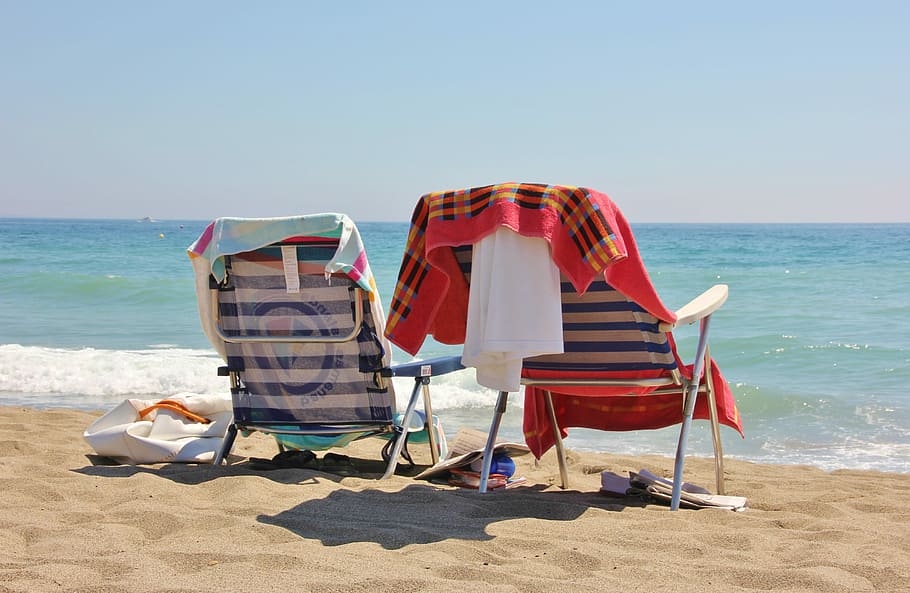 beach, sand, ease, chair, sea, summer, coast, tropical, holiday HD wallpaper